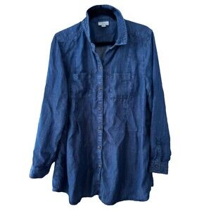 J Jill Denim Blue Chambray Tencel Button Up Tunic Shirt Womens Large Lagenlook